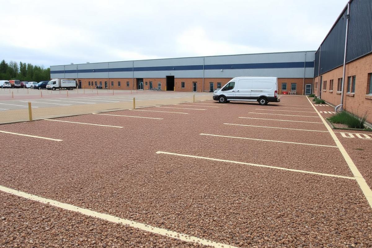 Gewerblicher Parkplatz mit Gitterplatten, Markierungen und Transporter