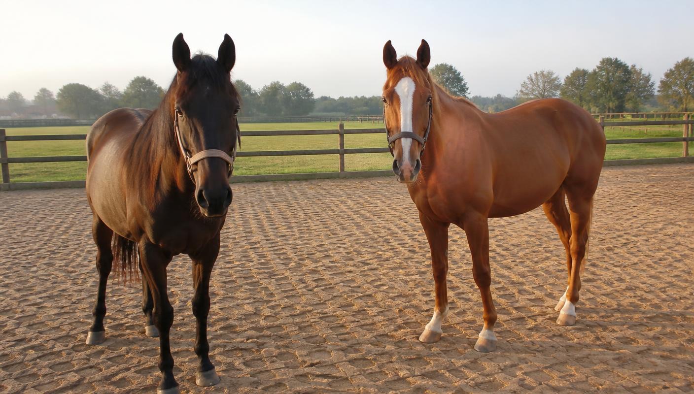 Zwei Pferde stehen auf einem trockenen, mit Paddockplatten befestigten Paddock