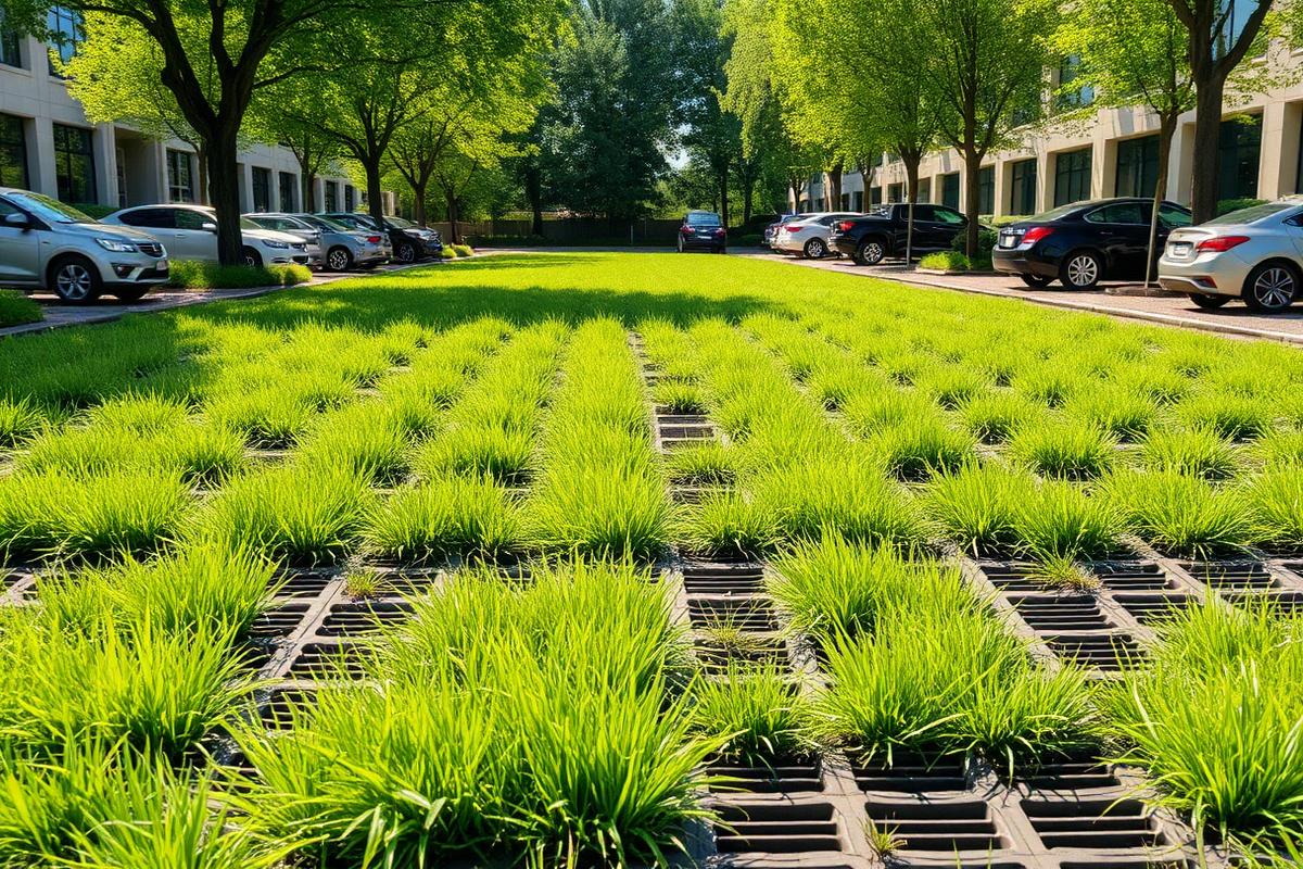Begrünte Rasengitterfläche mit Gras in den Waben und parkenden Autos